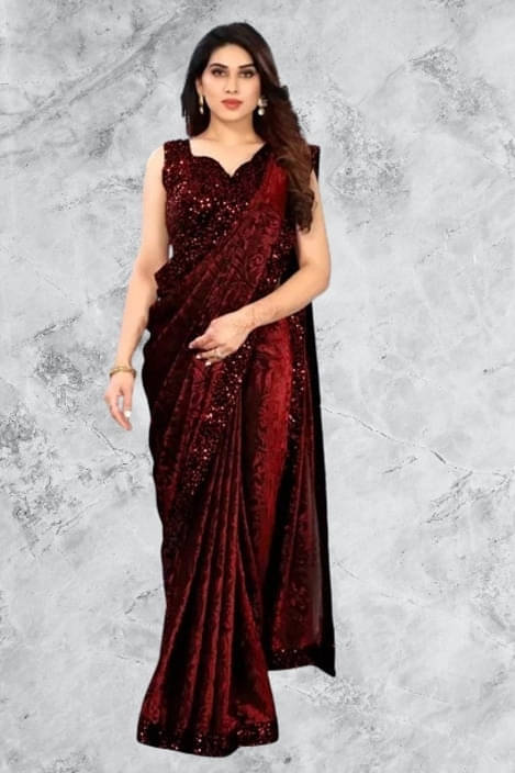     			VRAGI Lycra Printed Regular Saree With Unstitched Blouse Piece ( Maroon )