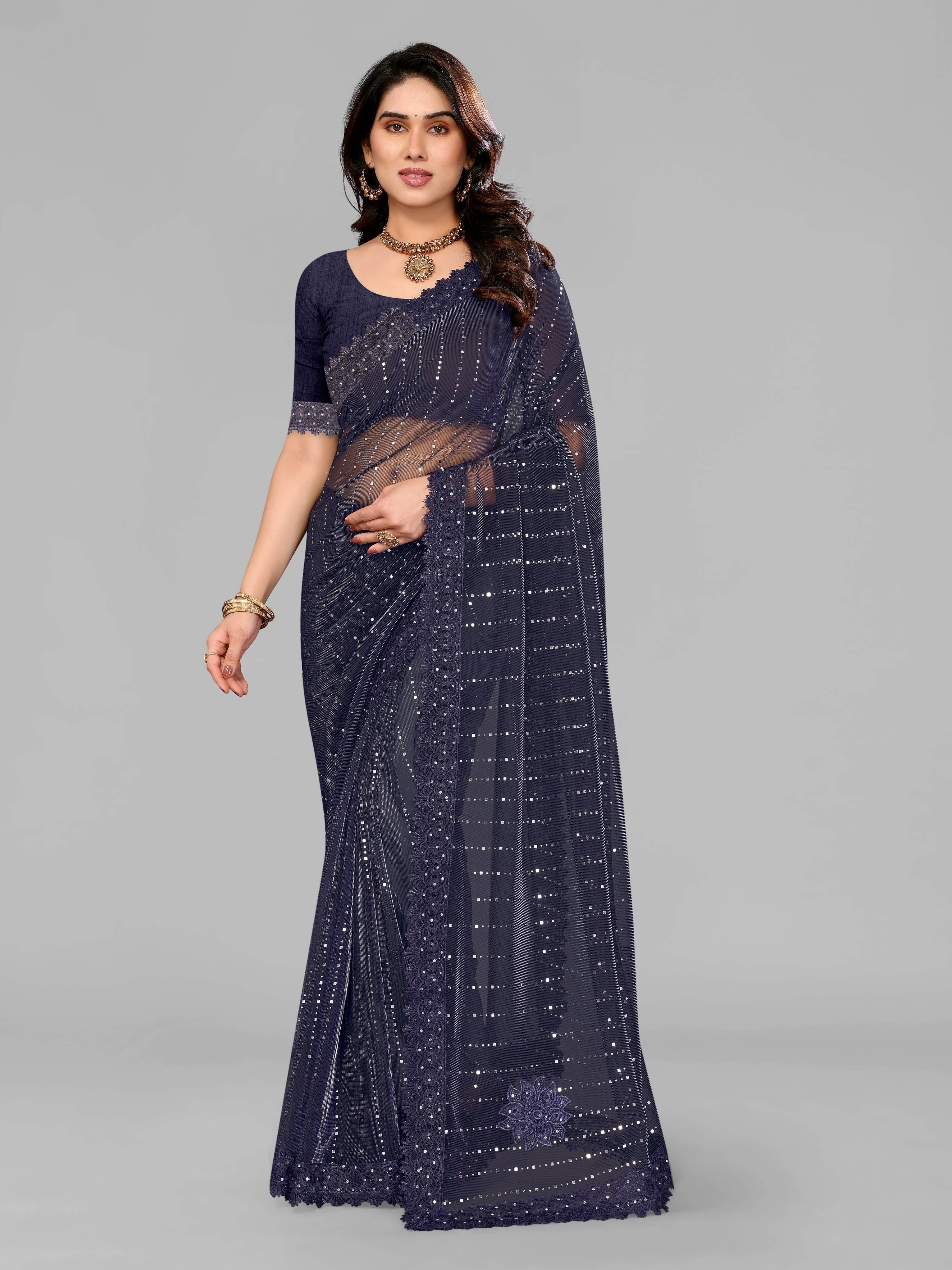 VRAGI Lycra Printed Regular Saree With Unstitched Blouse Piece ( Navy Blue ) VRAGI Lycra Printed Regular Saree With Unstitched Blouse Piece ( Navy Blue )