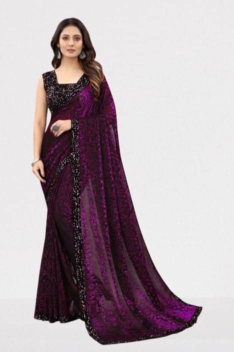 VRAGI Lycra Printed Regular Saree With Unstitched Blouse Piece ( Purple ) VRAGI Lycra Printed Regular Saree With Unstitched Blouse Piece ( Purple )