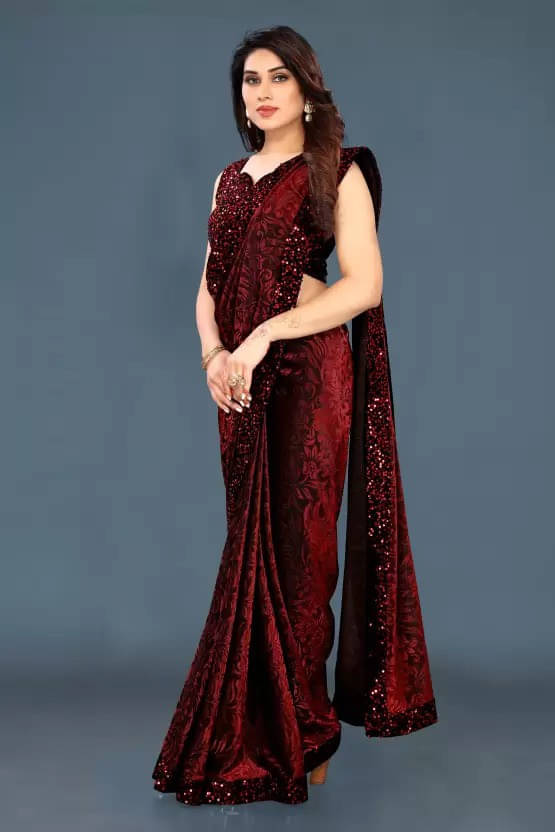 VRAGI Lycra Printed Regular Saree With Unstitched Blouse Piece ( Maroon ) VRAGI Lycra Printed Regular Saree With Unstitched Blouse Piece ( Maroon )