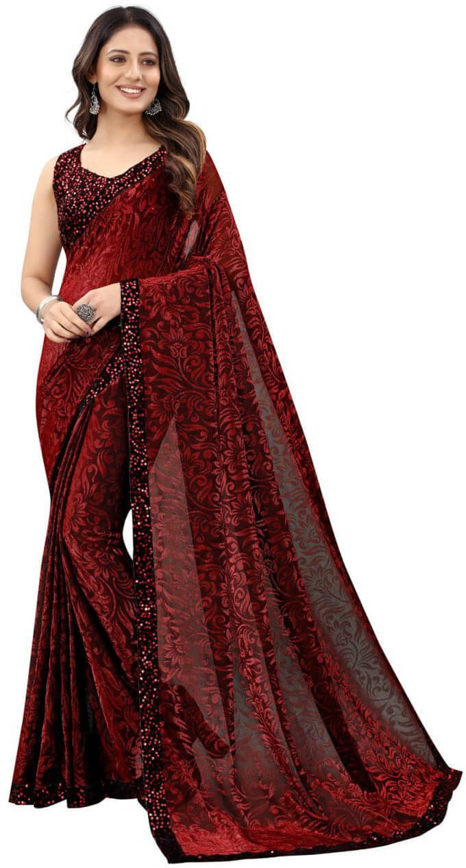     			VRAGI Lycra Printed Regular Saree With Unstitched Blouse Piece ( Maroon )