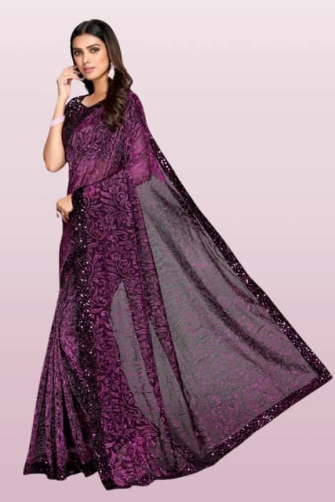     			VRAGI Lycra Printed Regular Saree With Unstitched Blouse Piece ( Purple )