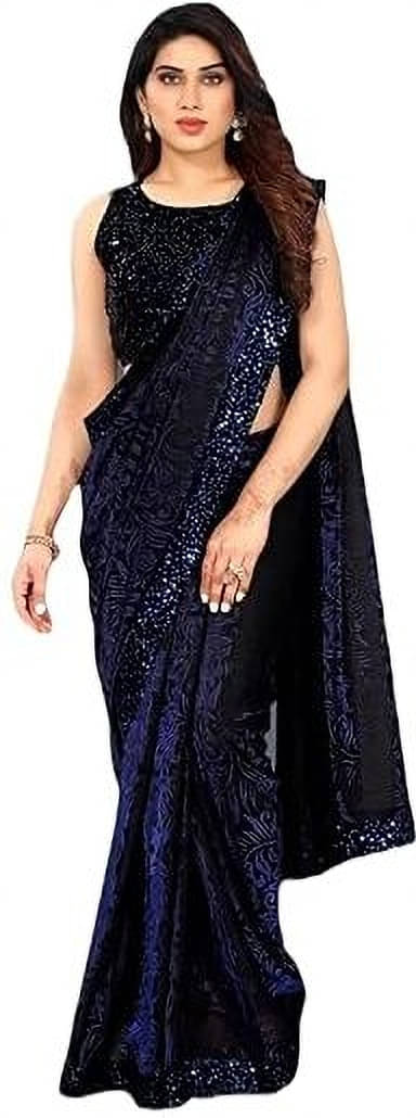     			VRAGI Lycra Self Design Regular Saree With Unstitched Blouse Piece ( Navy Blue )