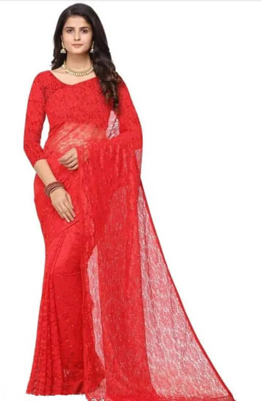 VRAGI Net Dyed Regular Saree With Unstitched Blouse Piece ( Red ) VRAGI Net Dyed Regular Saree With Unstitched Blouse Piece ( Red )