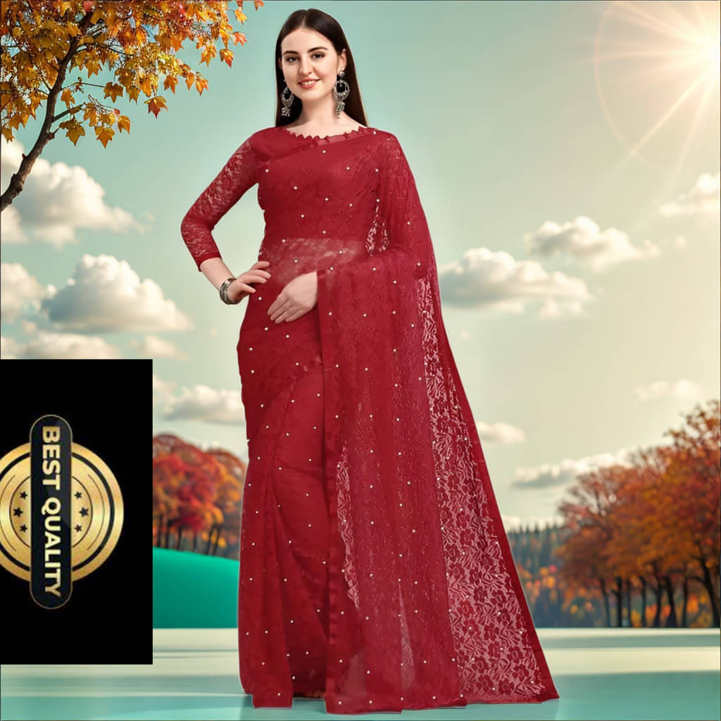     			VRAGI Net Embellished Regular Saree With Unstitched Blouse Piece ( Maroon )