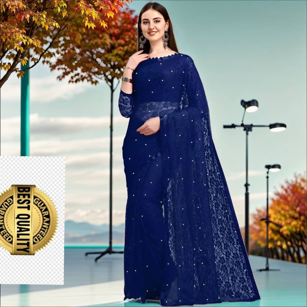     			VRAGI Net Embellished Regular Saree With Unstitched Blouse Piece ( Navy Blue )