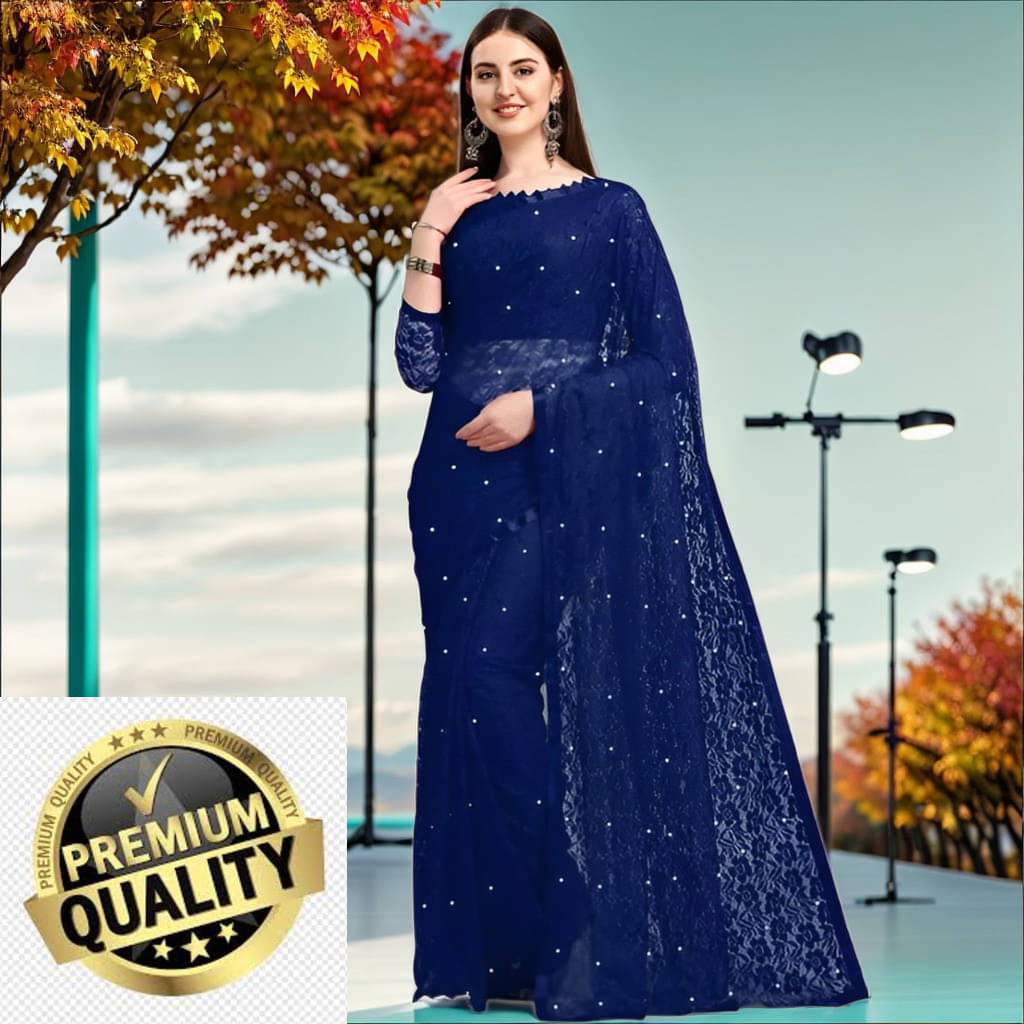     			VRAGI Net Embellished Regular Saree With Unstitched Blouse Piece ( Navy Blue )