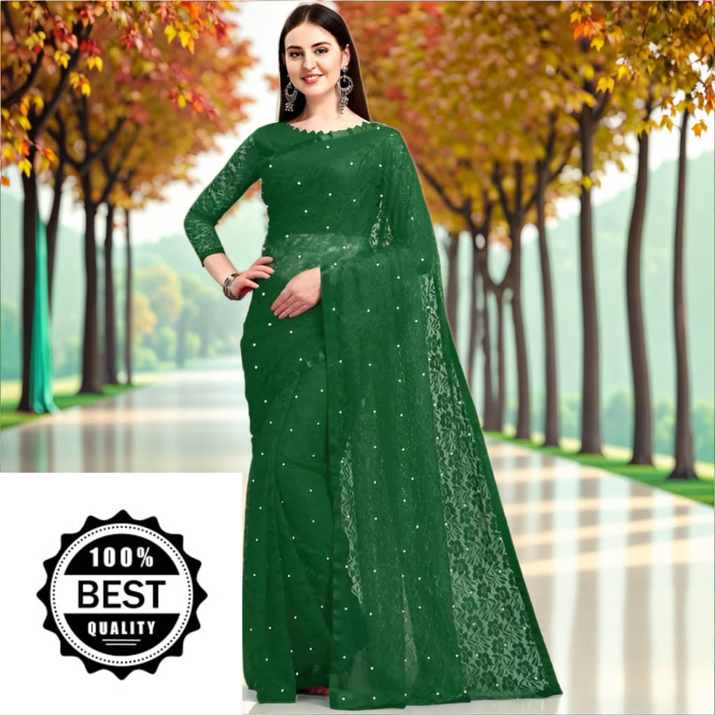 VRAGI Net Embellished Regular Saree With Unstitched Blouse Piece ( Green ) VRAGI Net Embellished Regular Saree With Unstitched Blouse Piece ( Green )