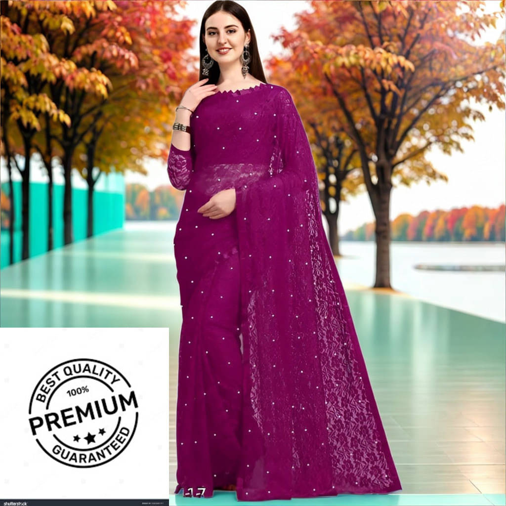     			VRAGI Net Embellished Regular Saree With Unstitched Blouse Piece ( Purple )