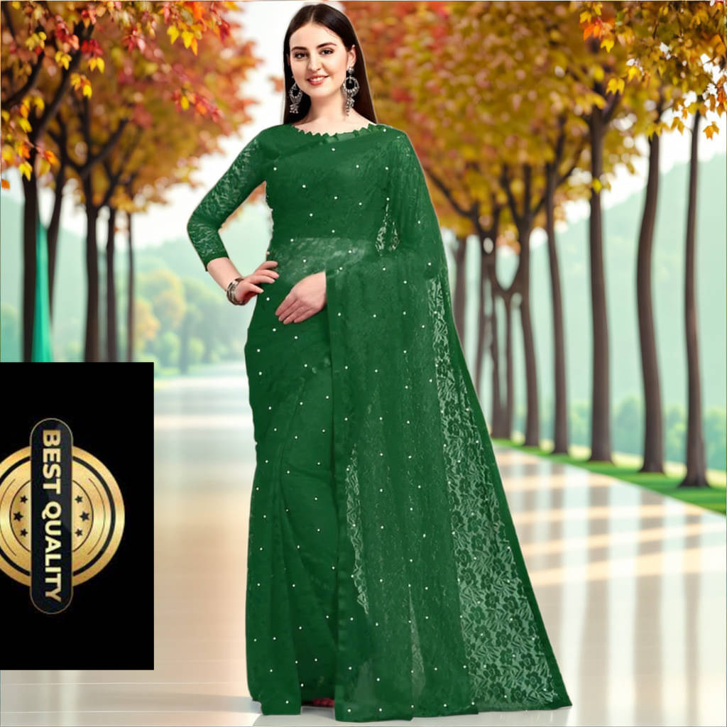 VRAGI Net Embellished Regular Saree With Unstitched Blouse Piece ( Green ) VRAGI Net Embellished Regular Saree With Unstitched Blouse Piece ( Green )