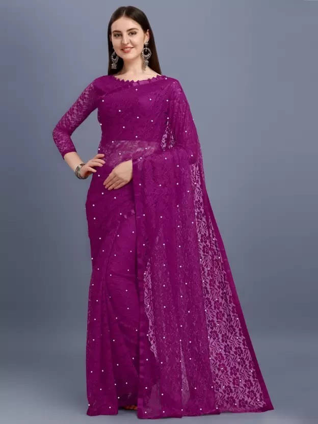 VRAGI Net Embellished Regular Saree With Unstitched Blouse Piece ( Purple ) VRAGI Net Embellished Regular Saree With Unstitched Blouse Piece ( Purple )