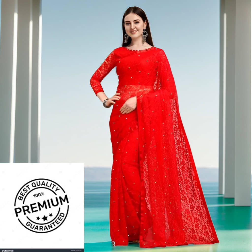     			VRAGI Net Embellished Regular Saree With Unstitched Blouse Piece ( Red )