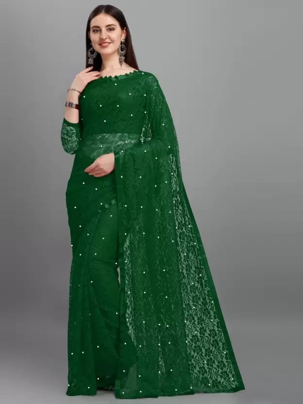     			VRAGI Net Embellished Regular Saree With Unstitched Blouse Piece ( Green )