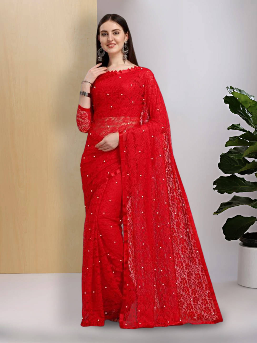 VRAGI Net Embellished Regular Saree With Unstitched Blouse Piece ( Red ) VRAGI Net Embellished Regular Saree With Unstitched Blouse Piece ( Red )