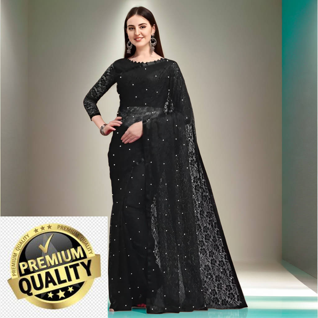     			VRAGI Net Embellished Regular Saree With Unstitched Blouse Piece ( Black )