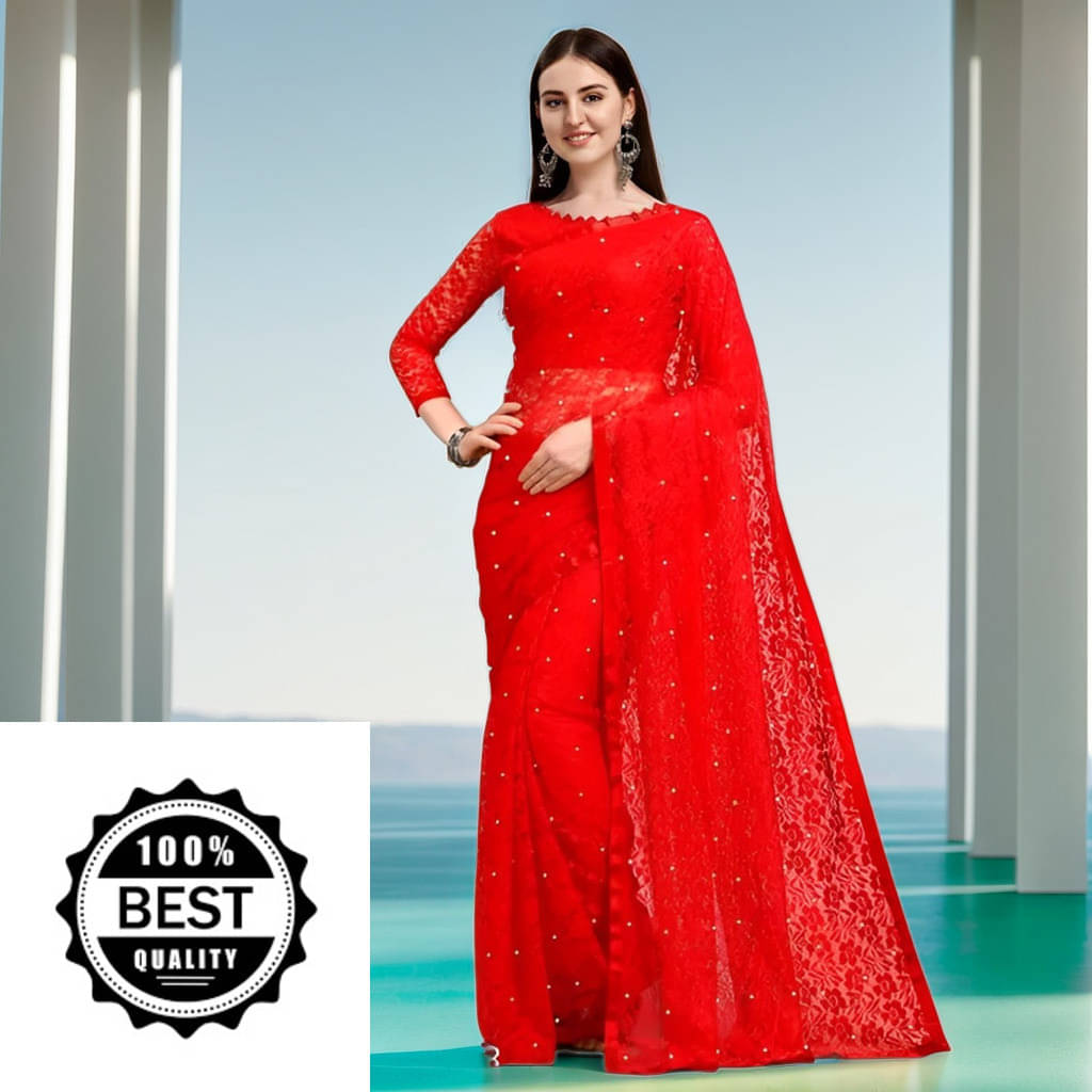     			VRAGI Net Embellished Regular Saree With Unstitched Blouse Piece ( Red )