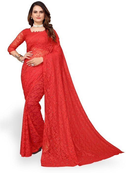     			VRAGI Net Embellished Regular Saree With Unstitched Blouse Piece ( Red )