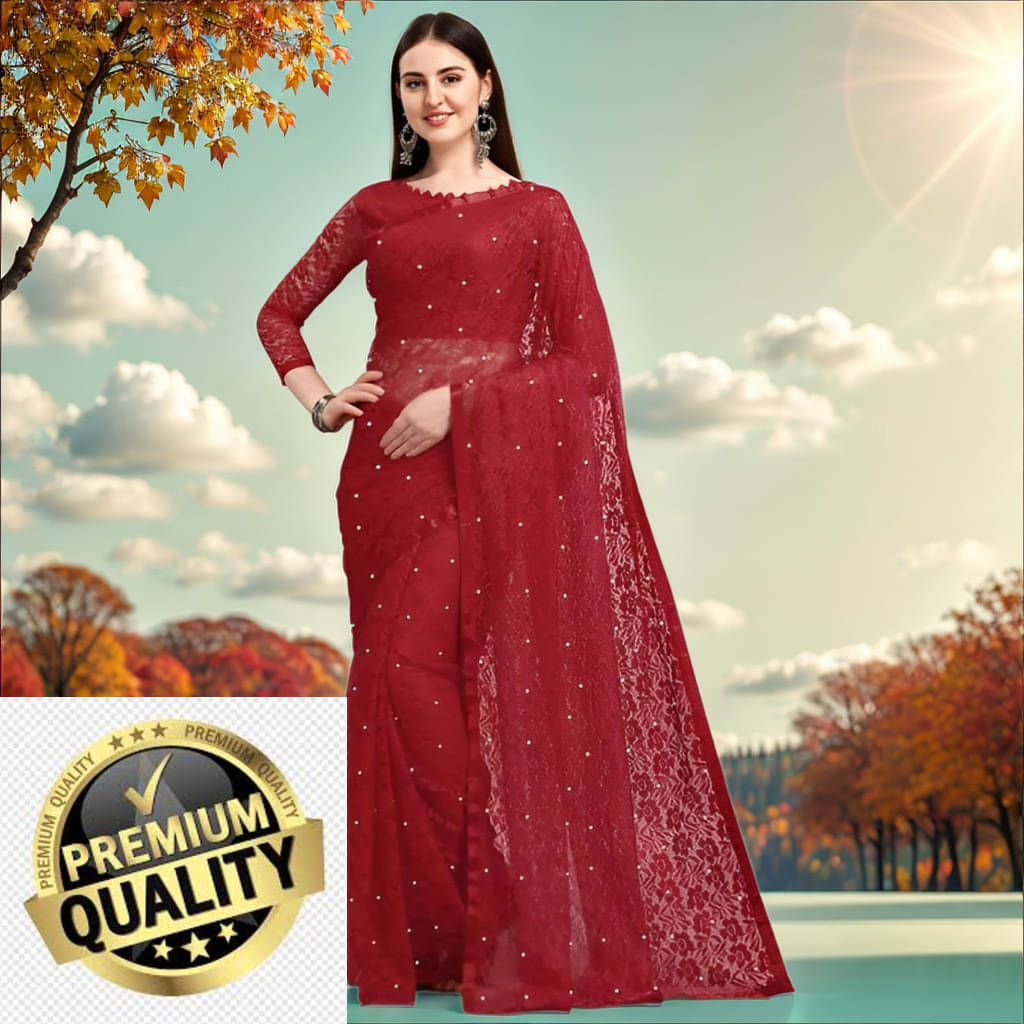 VRAGI Net Embellished Regular Saree With Unstitched Blouse Piece ( Maroon ) VRAGI Net Embellished Regular Saree With Unstitched Blouse Piece ( Maroon )