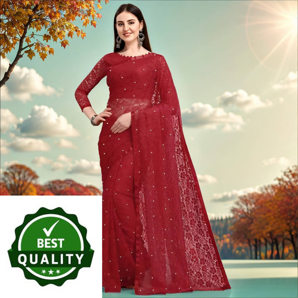     			VRAGI Net Embellished Regular Saree With Unstitched Blouse Piece ( Maroon )
