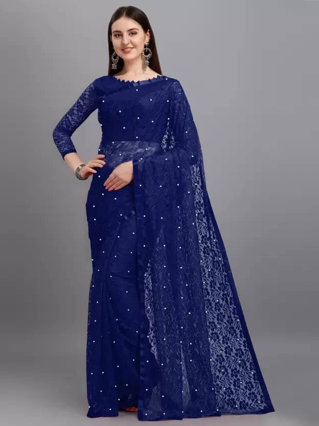 VRAGI Net Embellished Regular Saree With Unstitched Blouse Piece ( Blue ) VRAGI Net Embellished Regular Saree With Unstitched Blouse Piece ( Blue )