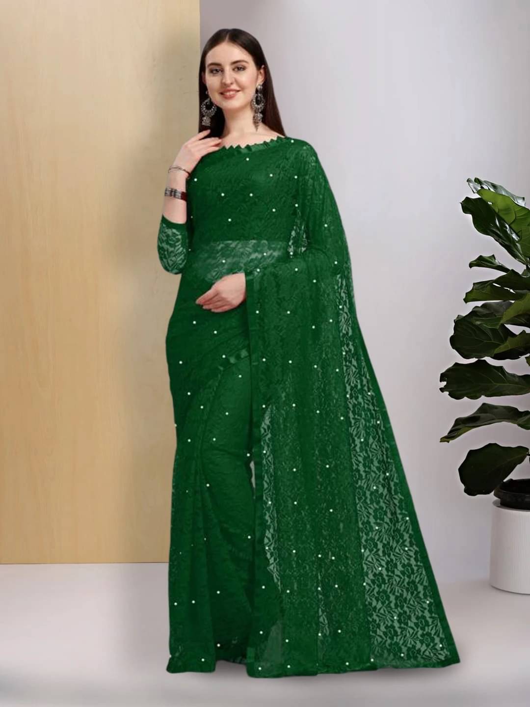 VRAGI Net Embellished Regular Saree With Unstitched Blouse Piece ( Green ) VRAGI Net Embellished Regular Saree With Unstitched Blouse Piece ( Green )