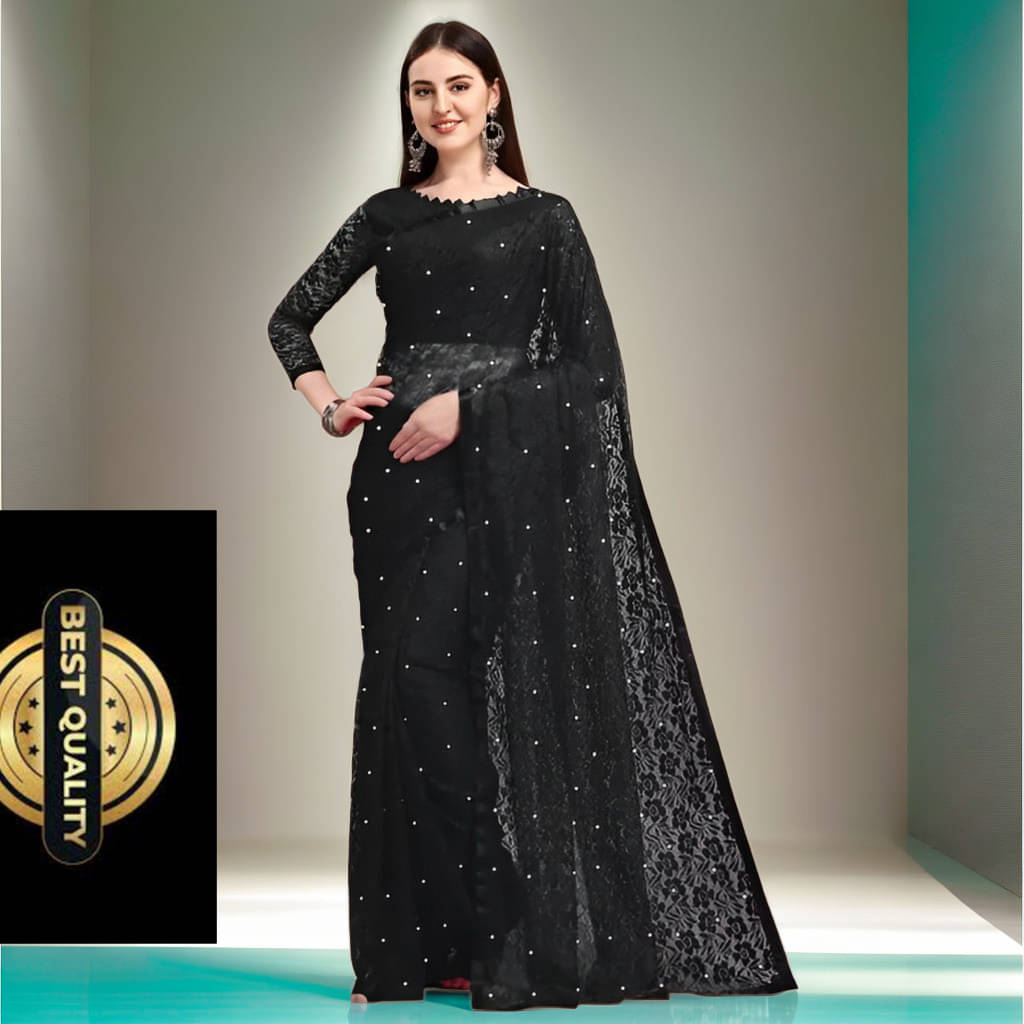     			VRAGI Net Embellished Regular Saree With Unstitched Blouse Piece ( Black )