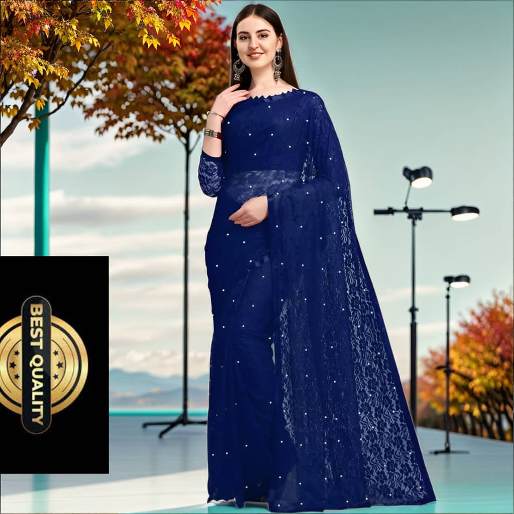     			VRAGI Net Embellished Regular Saree With Unstitched Blouse Piece ( Navy Blue )