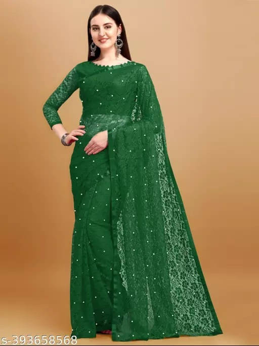 VRAGI Net Embellished Regular Saree With Unstitched Blouse Piece ( Green ) VRAGI Net Embellished Regular Saree With Unstitched Blouse Piece ( Green )