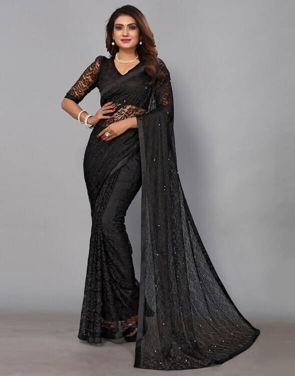     			VRAGI Net Embellished Regular Saree With Unstitched Blouse Piece ( Black )