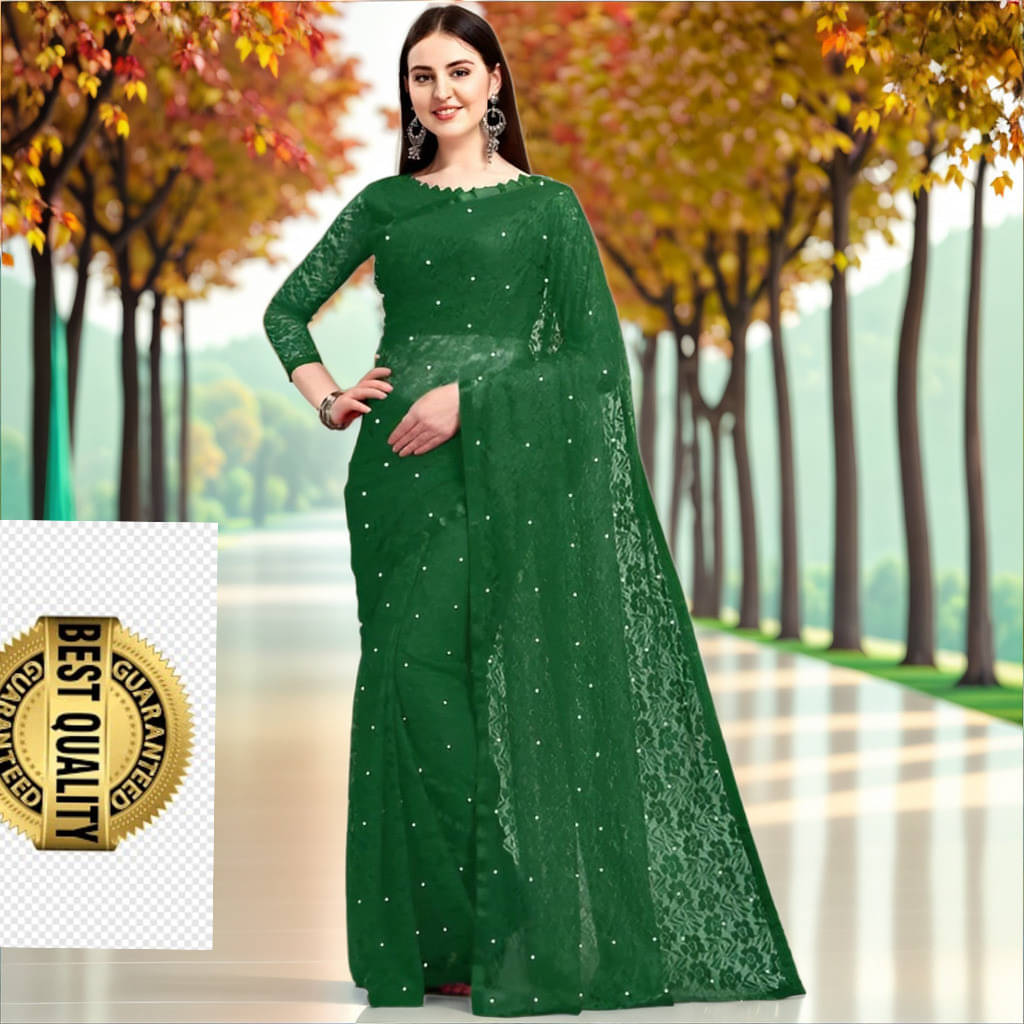     			VRAGI Net Embellished Regular Saree With Unstitched Blouse Piece ( Green )