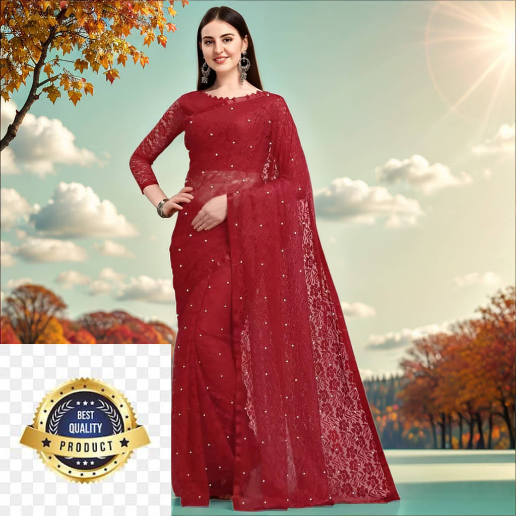 VRAGI Net Embellished Regular Saree With Unstitched Blouse Piece ( Maroon ) VRAGI Net Embellished Regular Saree With Unstitched Blouse Piece ( Maroon )