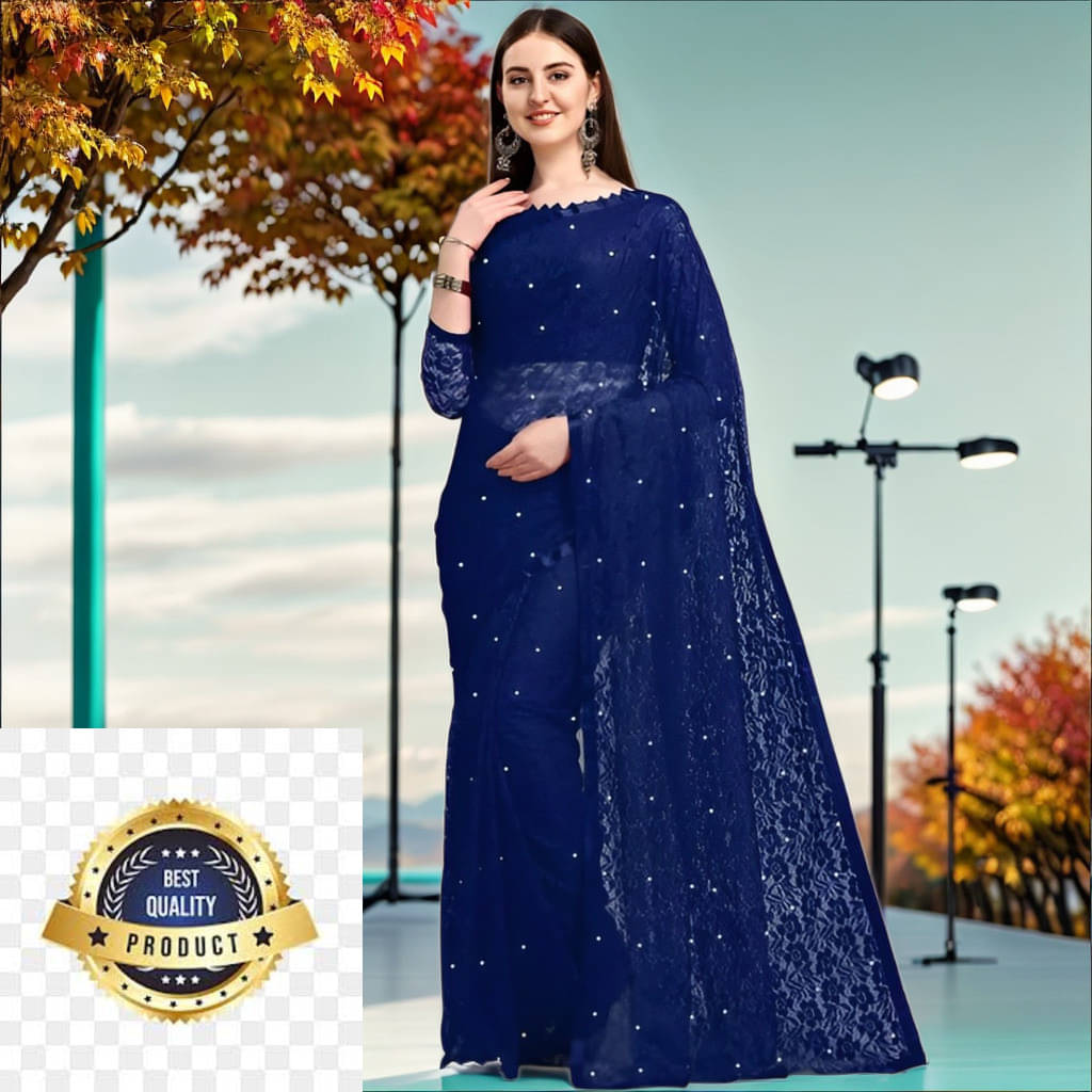     			VRAGI Net Embellished Regular Saree With Unstitched Blouse Piece ( Navy Blue )