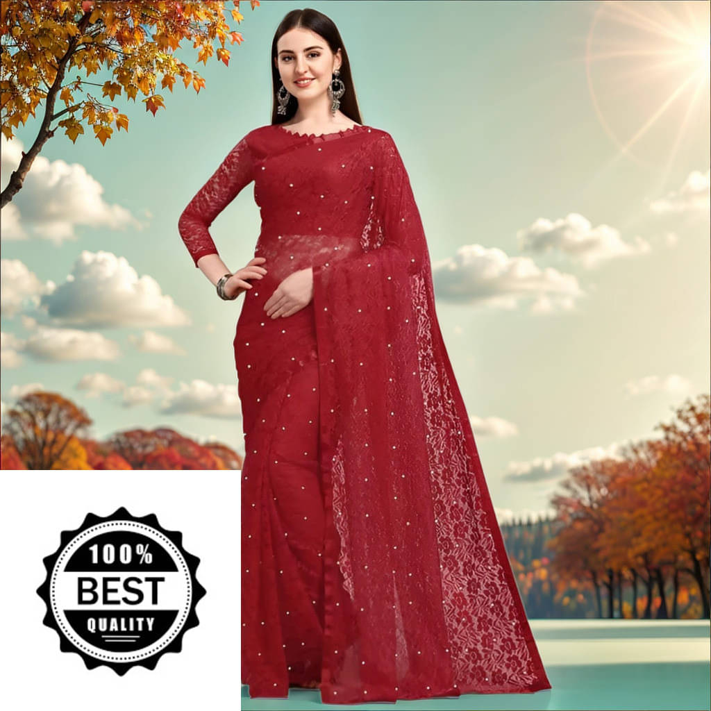     			VRAGI Net Embellished Regular Saree With Unstitched Blouse Piece ( Maroon )