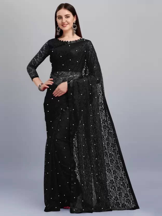     			VRAGI Net Embellished Regular Saree With Unstitched Blouse Piece ( Black )