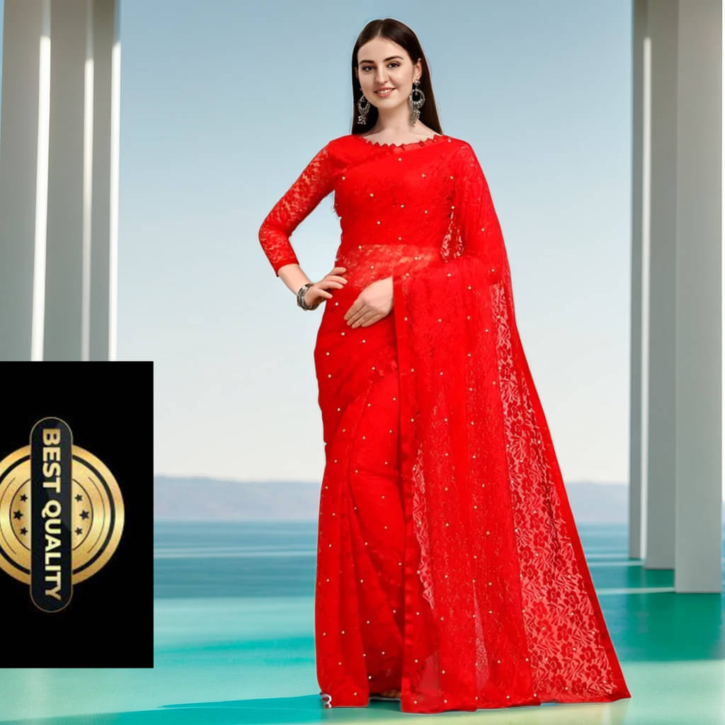 VRAGI Net Embellished Regular Saree With Unstitched Blouse Piece ( Red ) VRAGI Net Embellished Regular Saree With Unstitched Blouse Piece ( Red )