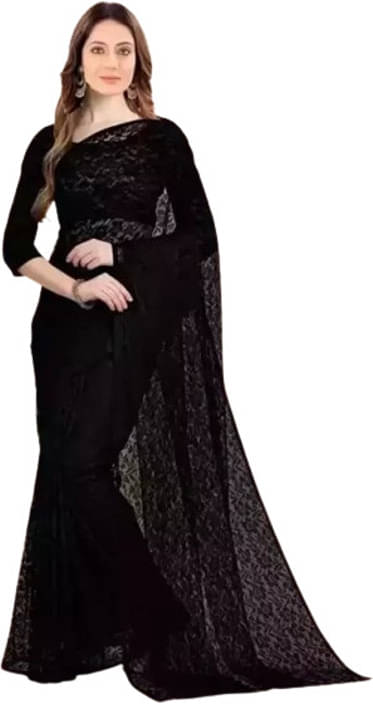    			VRAGI Net Printed Regular Saree With Unstitched Blouse Piece ( Black )
