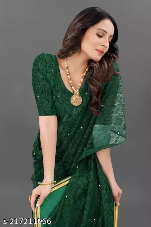     			VRAGI Net Printed Regular Saree With Unstitched Blouse Piece ( Green )