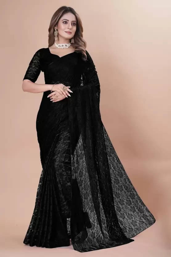    			VRAGI Net Printed Regular Saree With Unstitched Blouse Piece ( Black )