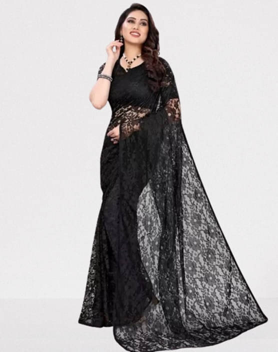 VRAGI Net Printed Regular Saree With Unstitched Blouse Piece ( Black ) VRAGI Net Printed Regular Saree With Unstitched Blouse Piece ( Black )