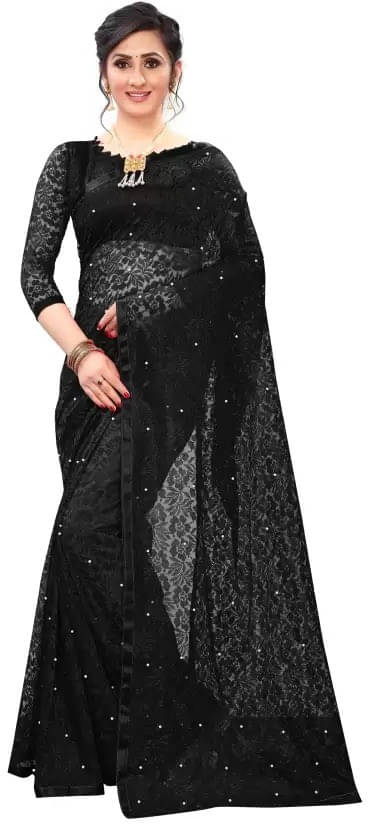     			VRAGI Net Printed Regular Saree With Unstitched Blouse Piece ( Black )