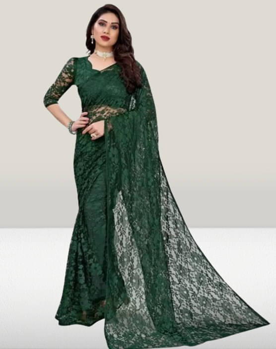     			VRAGI Net Printed Regular Saree With Unstitched Blouse Piece ( Green )