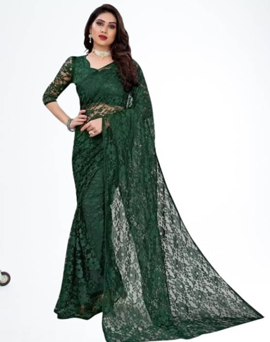    			VRAGI Net Printed Regular Saree With Unstitched Blouse Piece ( Green )