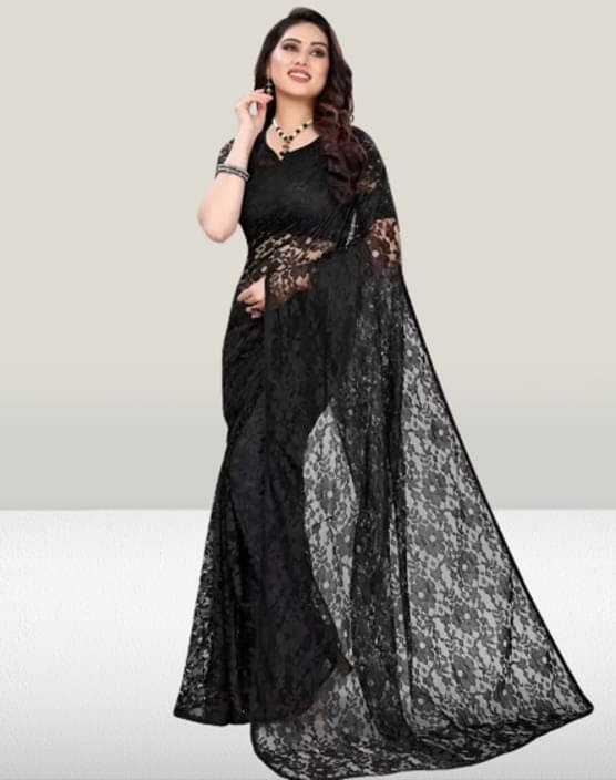     			VRAGI Net Printed Regular Saree With Unstitched Blouse Piece ( Black )