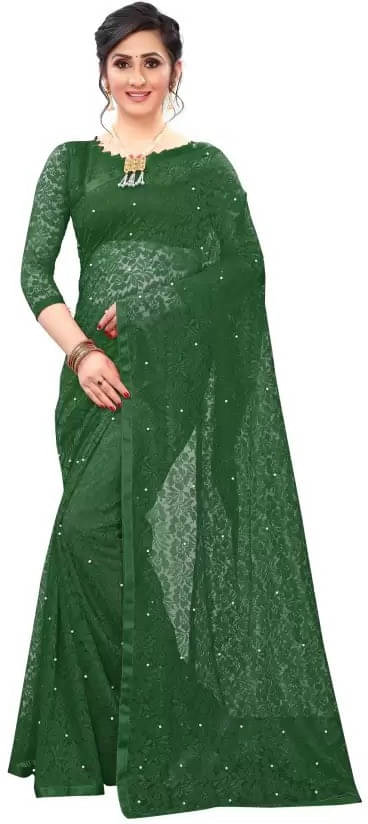     			VRAGI Net Printed Regular Saree With Unstitched Blouse Piece ( Green )