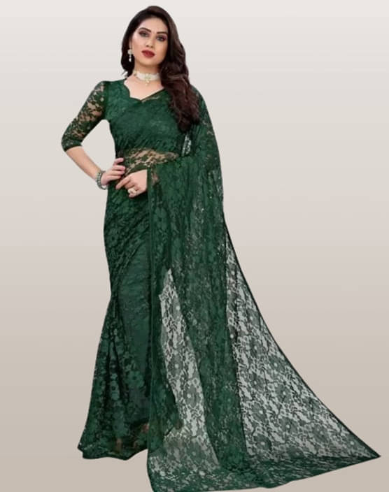     			VRAGI Net Printed Regular Saree With Unstitched Blouse Piece ( Green )