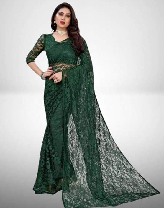     			VRAGI Net Printed Regular Saree With Unstitched Blouse Piece ( Green )