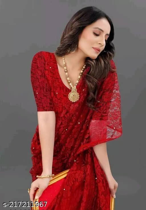 VRAGI Net Printed Regular Saree With Unstitched Blouse Piece ( Red ) VRAGI Net Printed Regular Saree With Unstitched Blouse Piece ( Red )