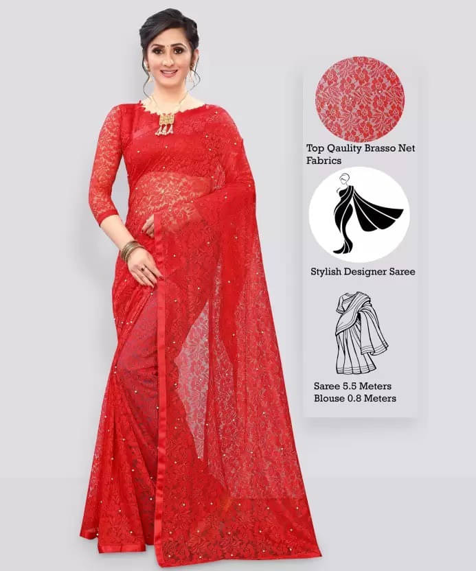     			VRAGI Net Printed Regular Saree With Unstitched Blouse Piece ( Red )