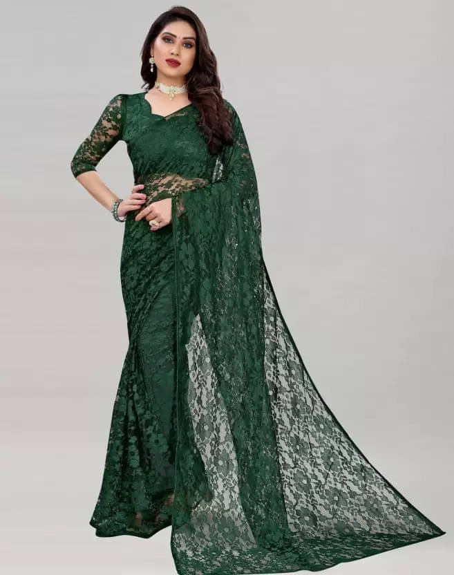     			VRAGI Net Printed Regular Saree With Unstitched Blouse Piece ( Green )