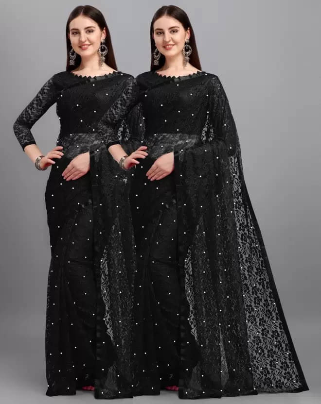     			VRAGI Net Self Design Regular Saree With Unstitched Blouse Piece ( Black )